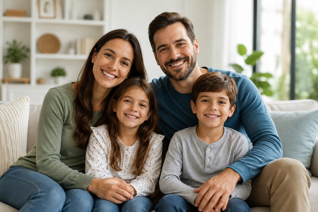 A close family of four smiling together on the couch in a sunlit living room